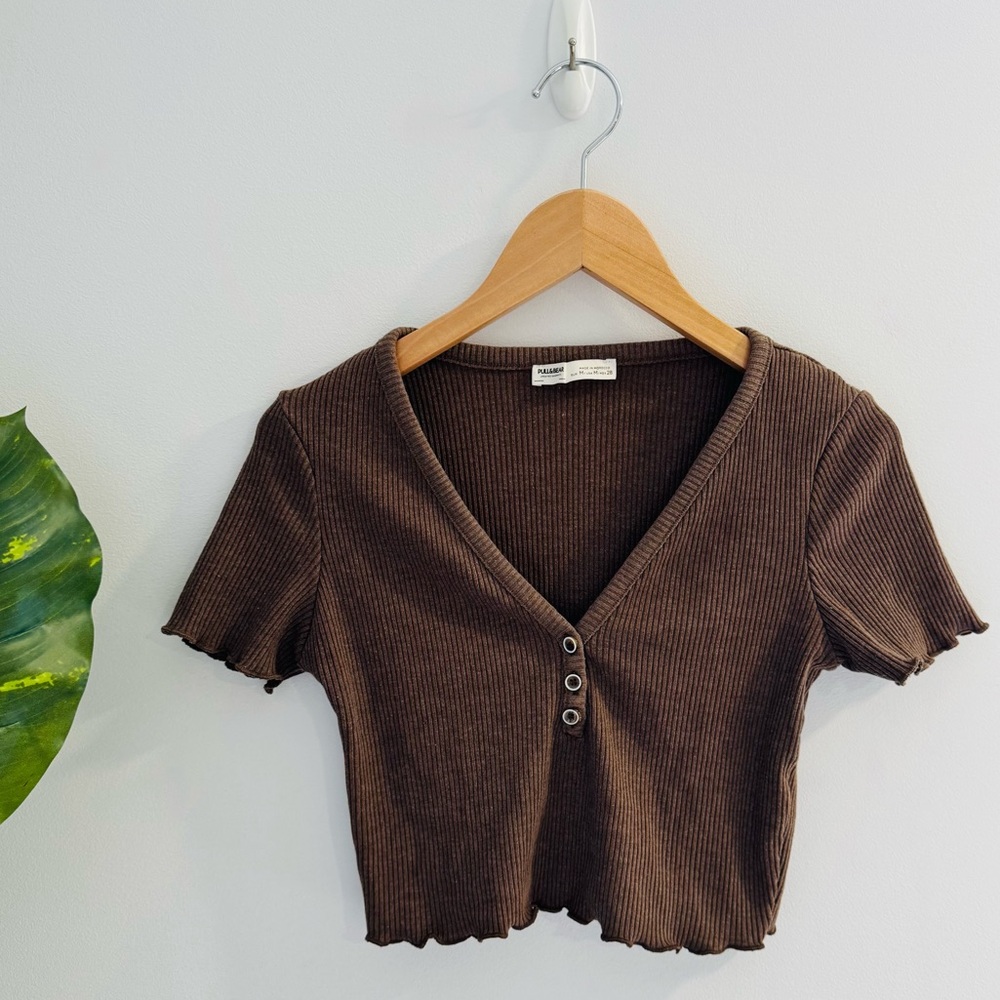 PULL&BEAR | Brown Button Up Crop Top Ribbed Lettuce Trim Size Medium
